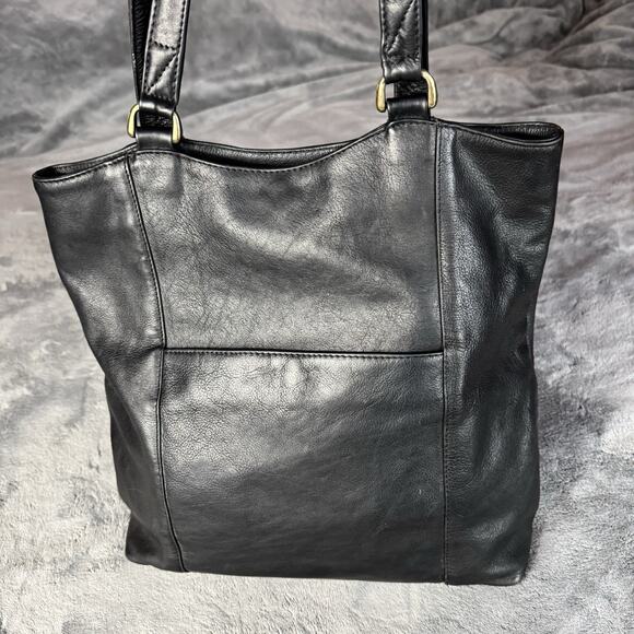 Black Leather Shoulder Bag Hobo Style Double Top Handle Purse Minimal Unbranded - Picture 1 of 13